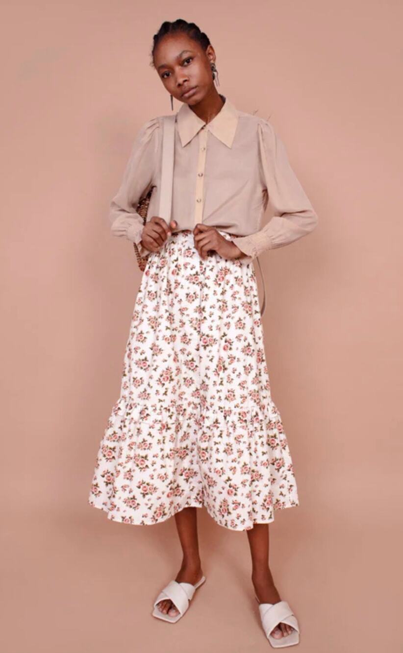 meadows 0 white floral pink button midi skirt